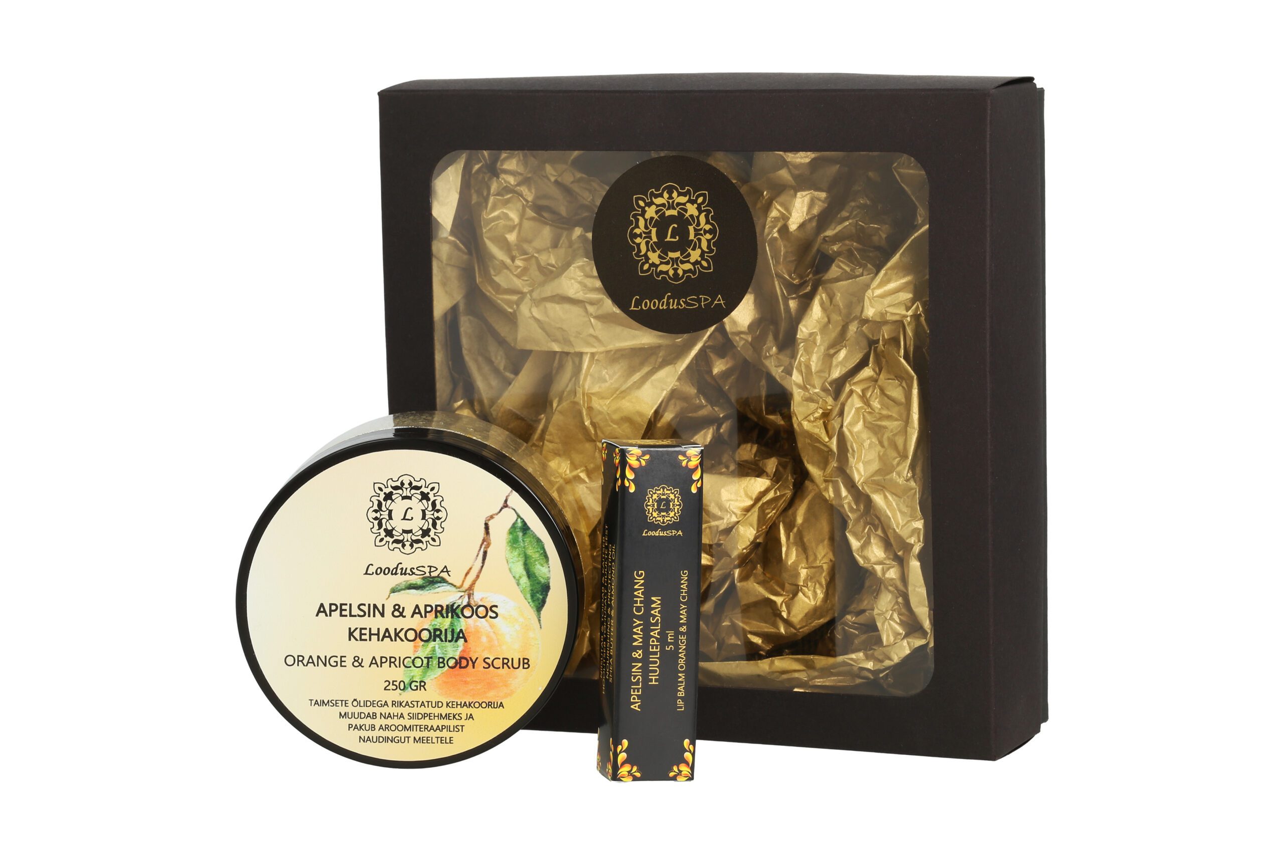 Kinkekomplekt Apelsin & Aprikoos kehakoorija + huulepalsam